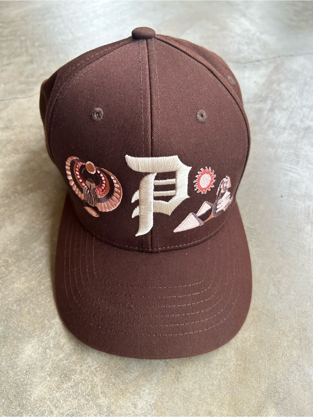 Primitive Brown Baseball Cap with Cream Logo and Embroidery